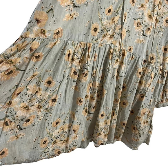 H&M Dress Size 2 Floral Sage Green Yellow Oversized Fit Long Balloon Sleeve Thin - Picture 6 of 7